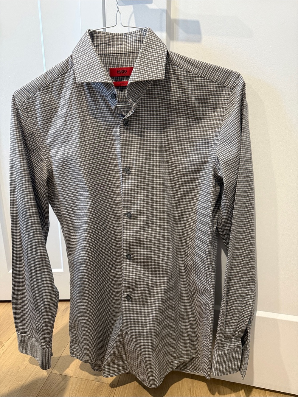 Hugo Boss Gray & White Micro-Check Spread Collar Dress Shirt